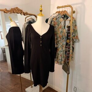 Fashion Nova Black Long Sleeve V-Neck Button Ribbed Dress